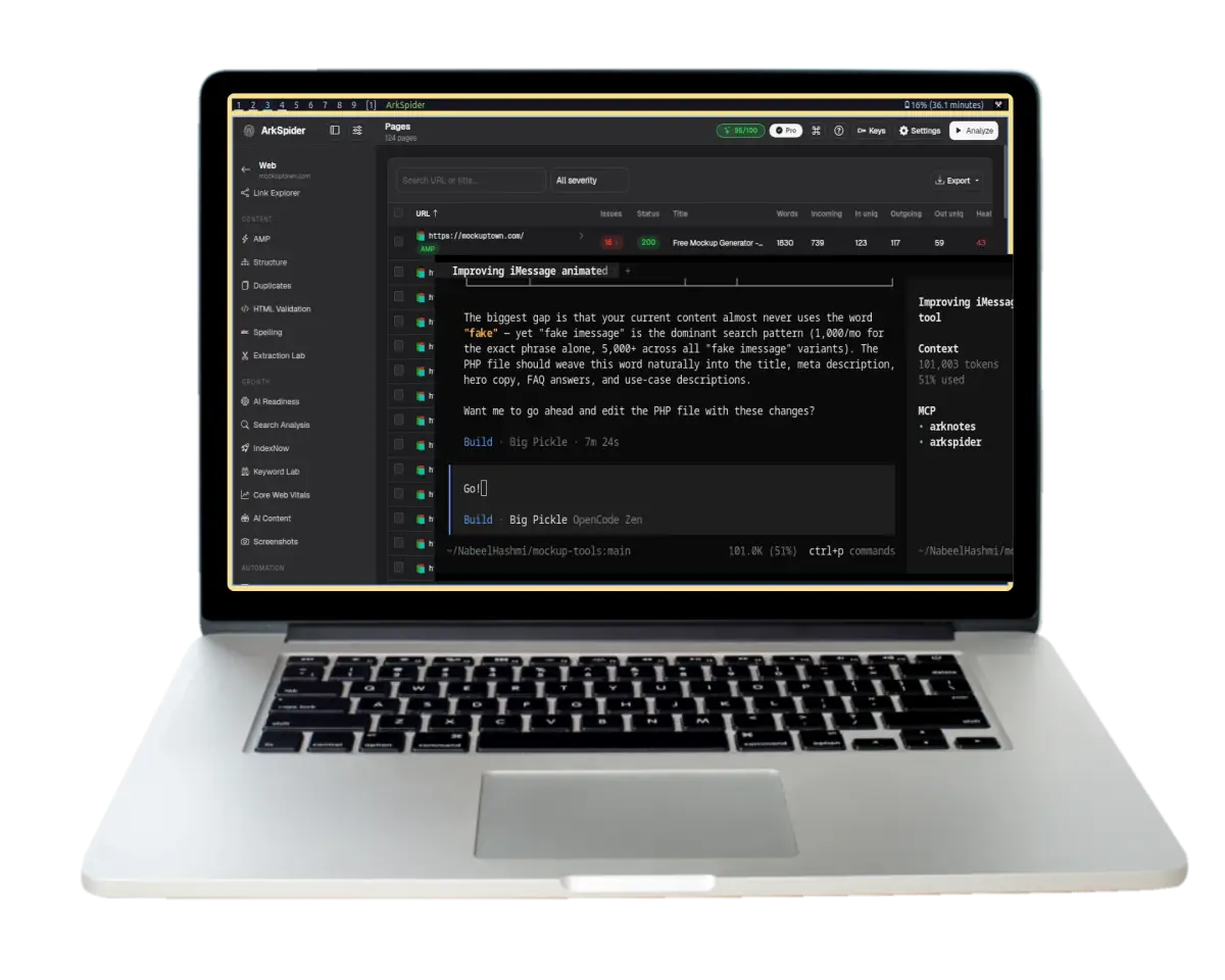 ArkSpider in action, AI native agentic SEO crawler